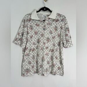 Women’s Vintage 80’s Essential Needs Floral Trellis Granny Polo Collared Top